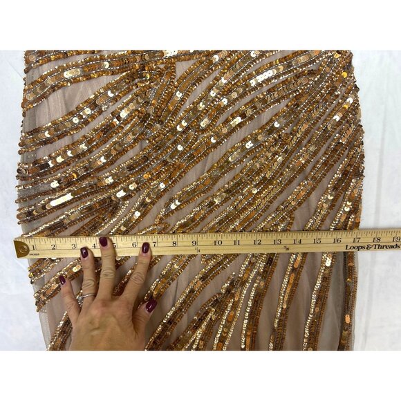 Mac Duggal Gold Copper Evening Gown V-Neck Sequins Long Sleeve Wedding Formal - Picture 9 of 15